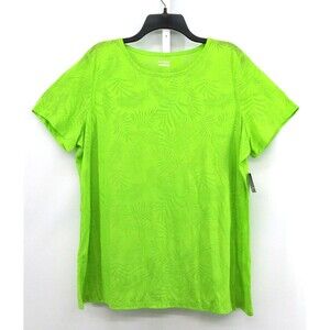 Basic Editions Shirt Womens Size 1X Green Tropical Short Sleeve Sheer Top